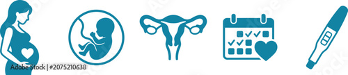 Foto A horizontal sequence of five blue vector icons representing pregnancy including a pregnant woman, fetus, uterus, calendar, and pregnancy test device