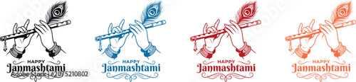 Slika na platnu Four variations of Lord Krishna hands playing the flute with a peacock feather a