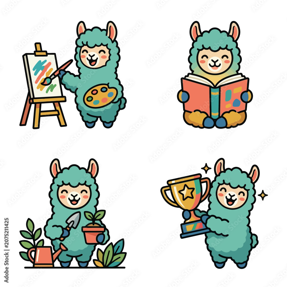 Fototapeta premium Llama with art supplies and trophy.
