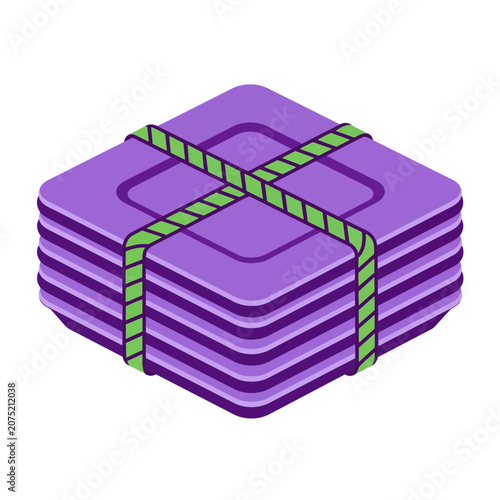 Isometric stack of purple folders with green binding