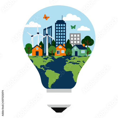 Light bulb with city and globe illustration