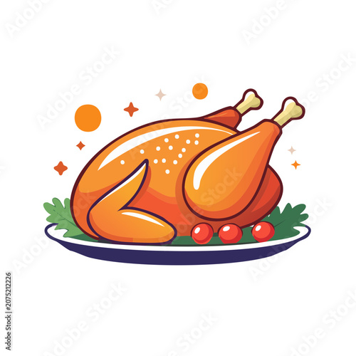 Roast Turkey with Garnish Flat Vector Illustration