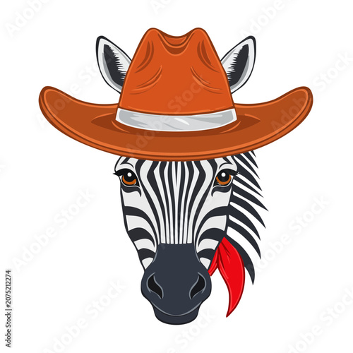 Zebra Head Wearing Cowboy Hat and Bandana