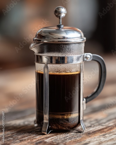 Classic manual french press brewing device with glass body metal frame and rich brewed coffee inside, artisan home ritual perfect for coffee brewing lifestyle and morning routine concept