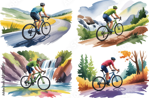 set of watercolor Cycling with mountain illustration isolated on white background