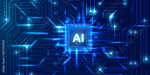 Vászonkép Artificial intelligence microchip centered on high tech glowing circuit board pattern