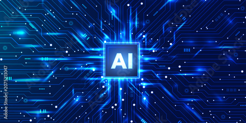 Bild auf Leinwand Artificial intelligence chip with glowing neon circuit patterns on deep blue backdrop