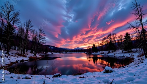 Serene Winter Twilight Over Frozen Lake with Snowy