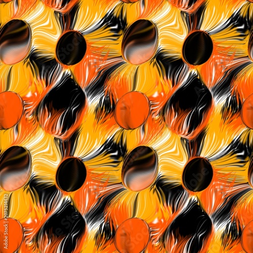 Abstract seamless pattern with fiery orange and black wavy lines and fluid oval shapes.