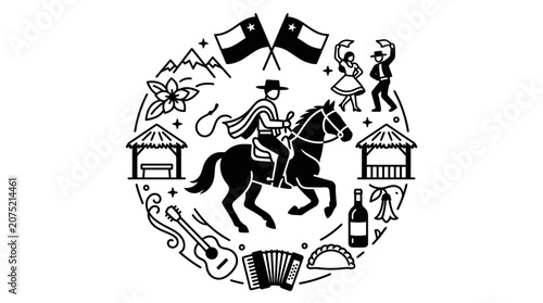 Chilean Culture Icons Set with Huaso Cowboy and National Symbols