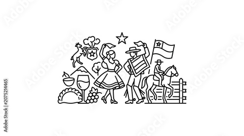 Chilean Culture Symbols Outline Illustration