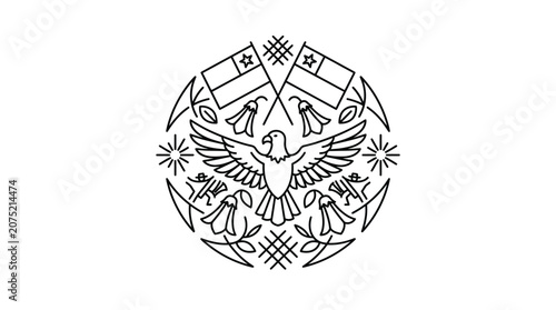 Chilean Eagle Emblem with Copihue Flowers and Flags Line Art