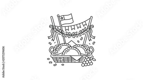 Chilean Empanadas in Basket with National Flag Line Art