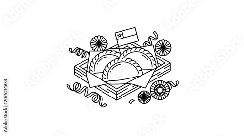 Chilean Empanadas with Flag Line Art Illustration
