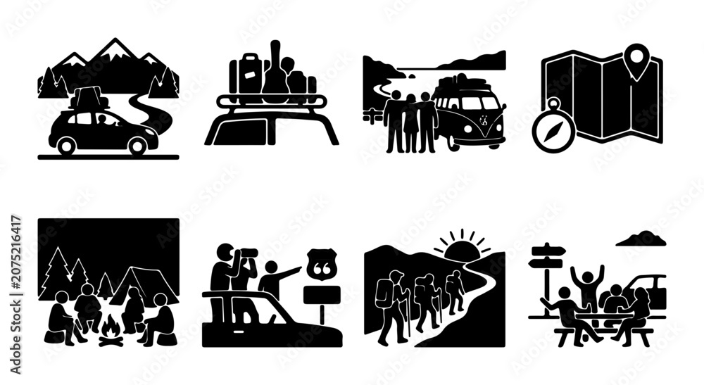 Obraz premium Travel Icons Set: Road Trip, Camping, Hiking, Adventure, Vacation, Journey, Exploration