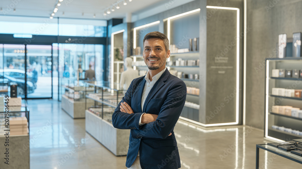 Fototapeta premium Retail sales manager preparing store interior for seasonal promotion