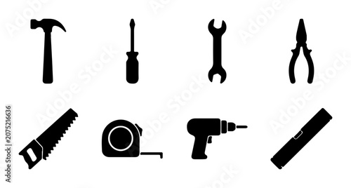 Construction Tools Icons Set, DIY Home Repair Equipment Vector Graphics, Workshop Hardware Symbols