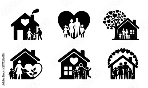Family Home Icons Set, Love Heart Symbols, Tree of Life, Vector Graphics for Real Estate and Lifestyle