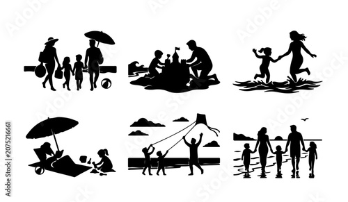 Family Beach Vacation Silhouettes, Summer Holiday Scenes, Children Playing, Parents Relaxing, Outdoor Activities