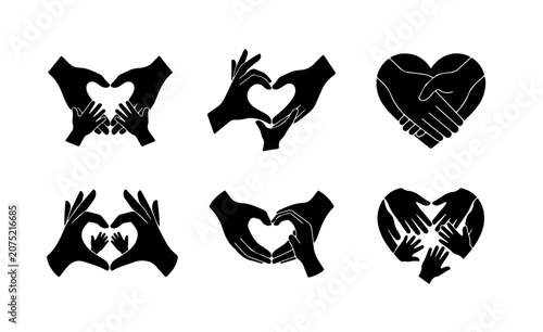 Heart Hands Icons Set, Love Symbol Gestures, Caring Family Embrace, Unity Symbol Vector Graphics