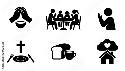 Religious Icons Set: Prayer, Family Meal, Faith, Worship, Hope, Community, Christian Symbols