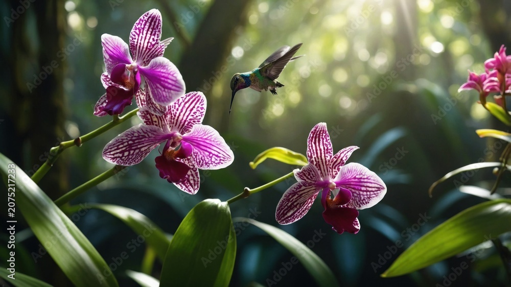 Fototapeta premium Vibrant hummingbird hovering near blooming orchids in a lush, sunlit rainforest setting