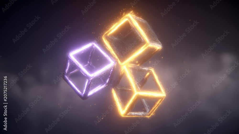 Fototapeta premium cubes stacked in impossible structure with neon light
