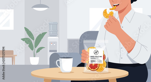 Office worker eating dried fruit snacks from a bag, healthy break.