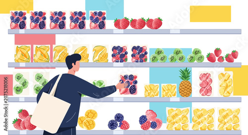 Man Shopping for Frozen Fruit in Supermarket Aisle - Healthy Eating