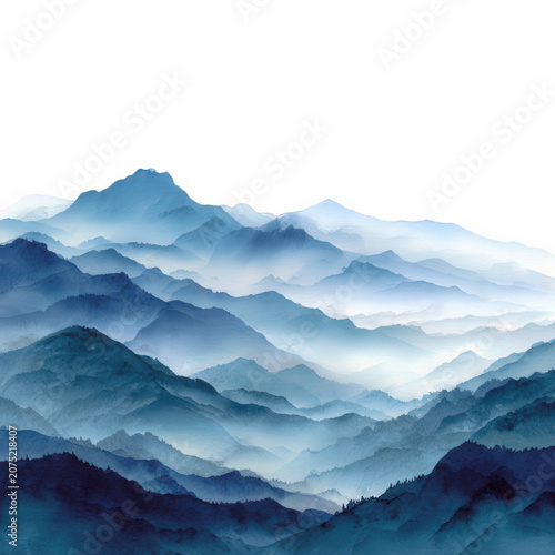 Misty Mountain Range Landscape with Foggy Peaks in Blue Tones