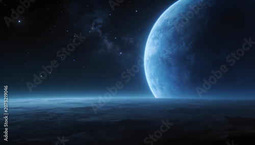 Massive blue planet rising above a dark horizon beneath a star-filled sky, creating a dramatic outer space scene with a futuristic and cosmic atmosphere.