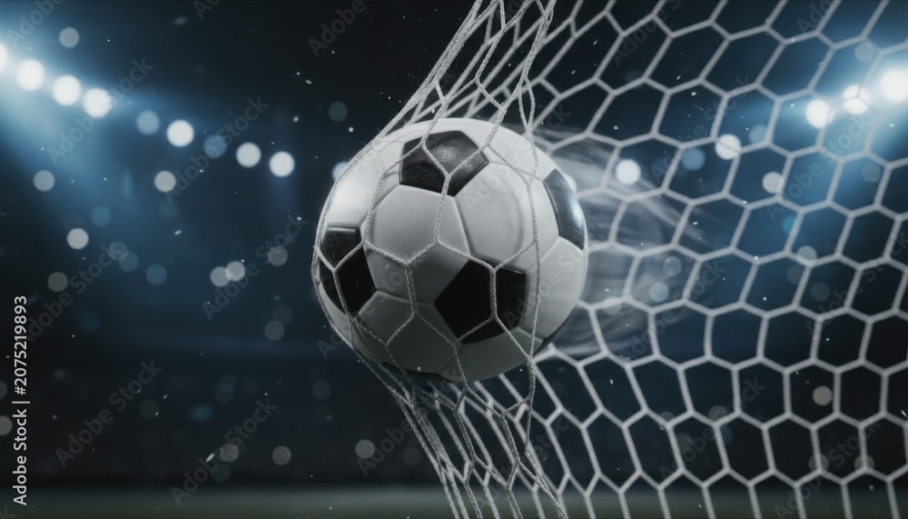 Fototapeta premium Soccer ball flying through the air strikes the back of a stadium goal net under bright stadium floodlights during a professional game