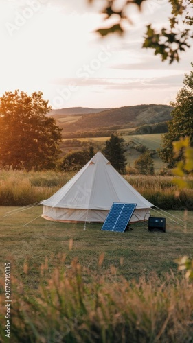 Bell tent with portable solar panels and power station in grassy field. Sunset over hills, rural landscape. Sustainable living, off-grid camping, eco travel.