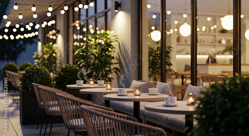 Outdoor cafe patio at twilight with decorative string lights.