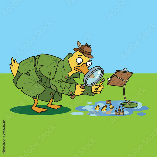 Detective duck looking at a small duck kingdom through a magnifying glass