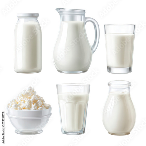 Set of dairy products and breakfast items isolated on transparent background