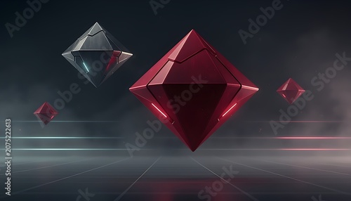 Floating geometric shapes in a dark space