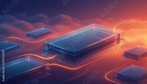 Futuristic geometric blocks connected by glowing lines in a digital landscape