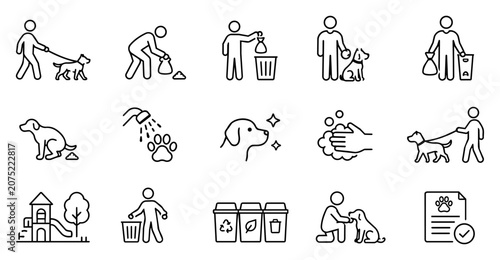 Dog Waste Cleanup Line Art Icon Set with Responsible Pet Ownership, Poop Bag and Park Hygiene