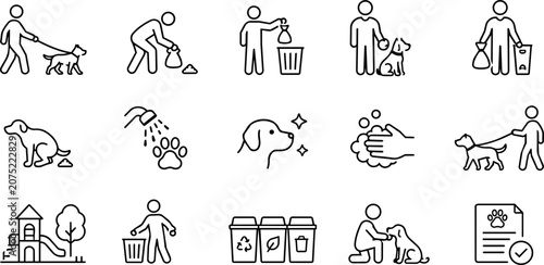 Foto Dog Waste Cleanup Line Art Icon Set with Responsible Pet Ownership, Poop Bag and