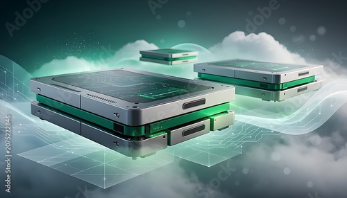 Futuristic devices floating in a cloud environment with green glow