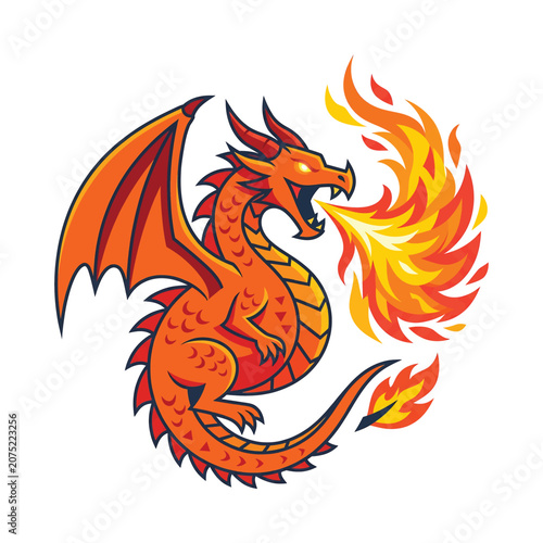 Dragon Breathing Fire Cartoon Illustration.