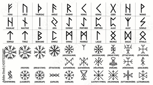 Comprehensive black and white vector illustration of Elder Futhark runes, Younger Futhark variations and Icelandic magical staves, symbolizing Norse mythology and ancient pagan spirituality