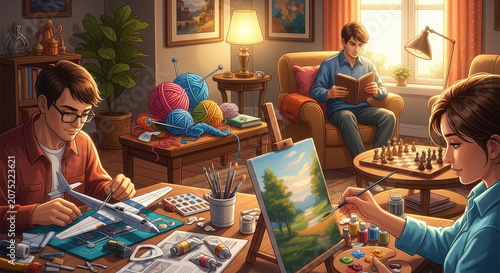 People enjoying various creative hobbies in domestic setting.