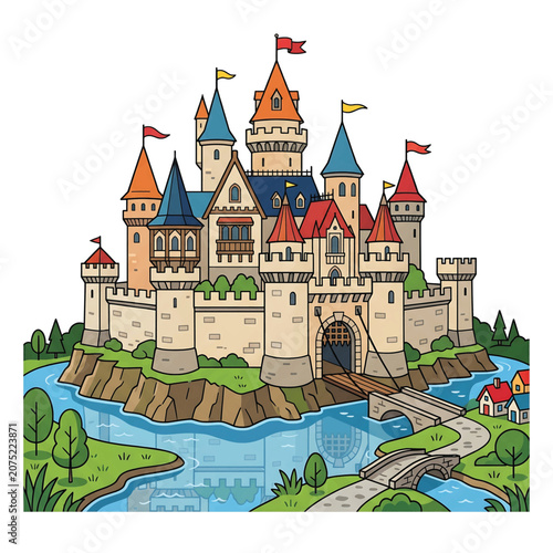 Schilderij op canvas Fantasy Castle with Colorful Turrets Towers.