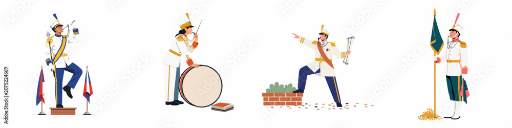 Fototapeta premium Vector illustration set of marching band members and drum majors in white and colored uniforms blowing whistles and holding flags and instruments.