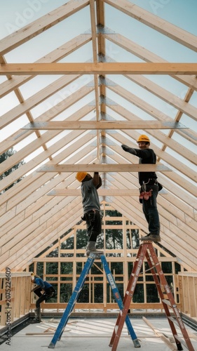 Workers build roof framework using wooden beams on new house during construction site.