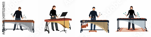 Εκτύπωση καμβά Set of four flat illustrations of male and female musicians playing mallet percussion instruments like marimbas and xylophones isolated on white
