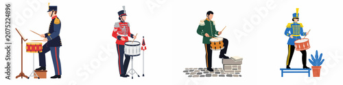 Cuadro en lienzo Set of flat vector illustrations featuring diverse military drummers in traditional ceremonial uniforms playing snare drums, isolated on a white background