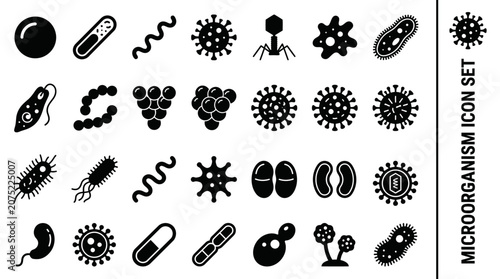 Comprehensive silhouette icon set showcasing a wide array of microorganisms including bacteria, viruses, and microscopic life forms for scientific and biological design projects